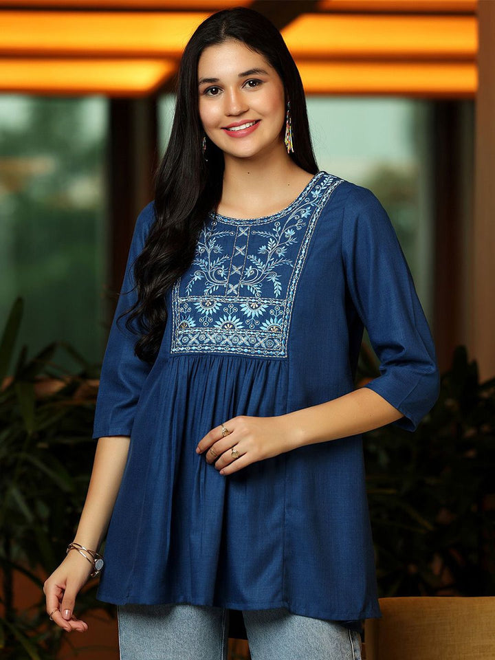 Libas Floral Yoke Design Thread Work Thread Work Pleated Kurti