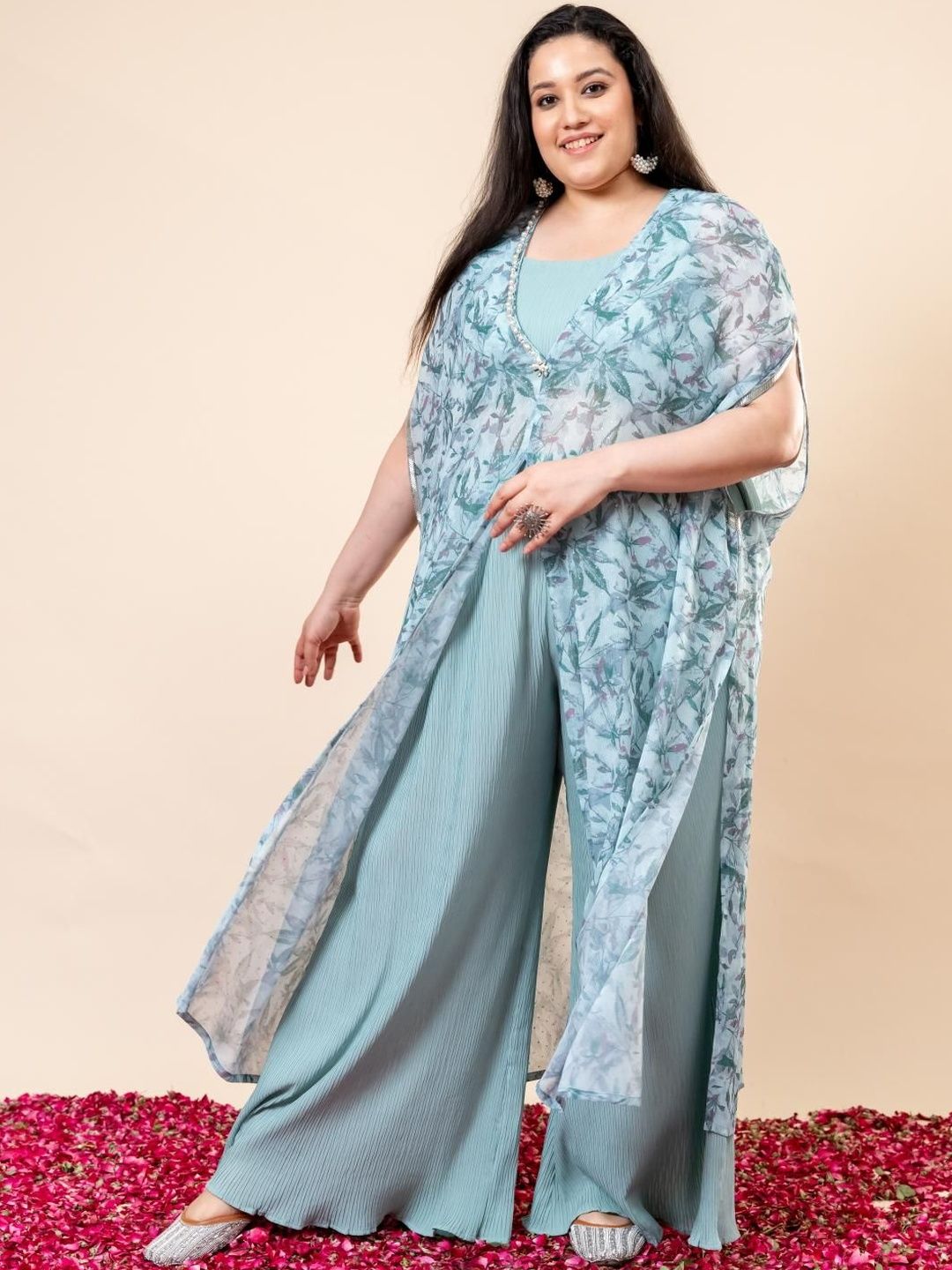 Mamicha Shabnam Printed Round Neck Crop Top With Cape & Palazzos Co-Ords Set