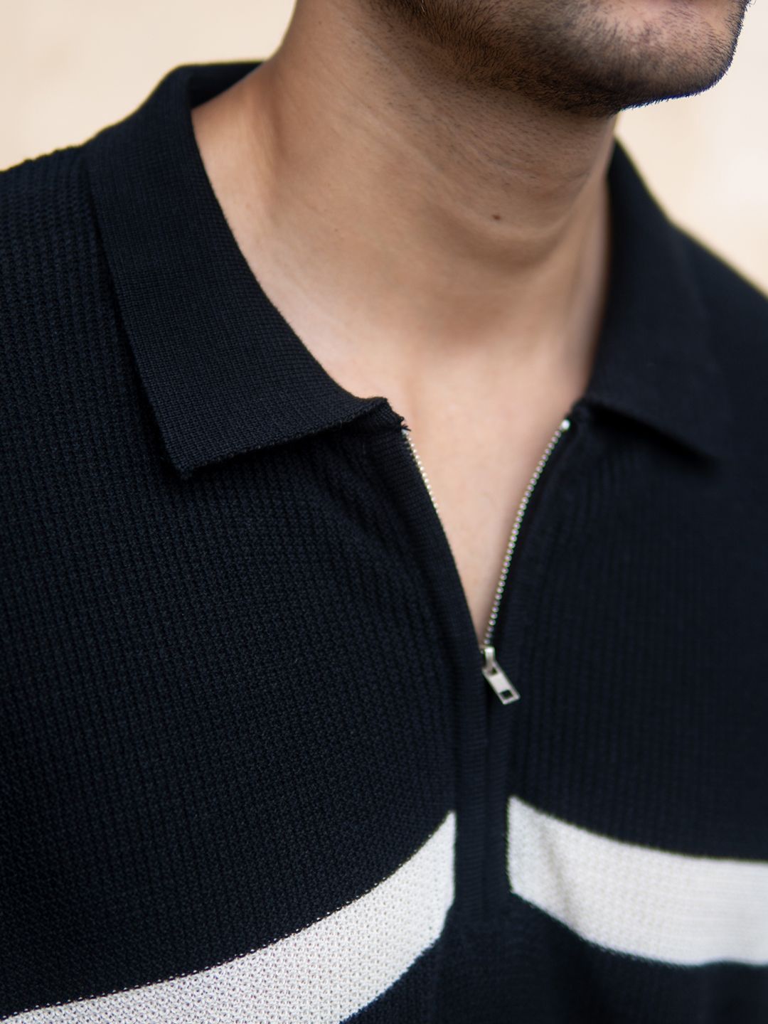 Powerlook Men Black & White Striped Pure Cotton Polo Collar T-shirt