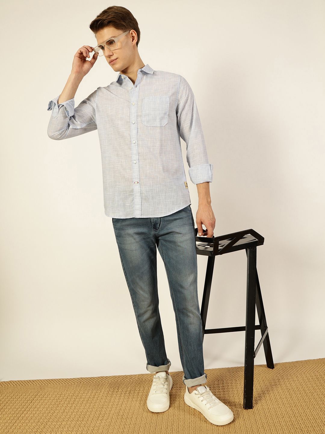 Thomas Scott Men Checked Linen Blend Slim Fit Casual Shirt