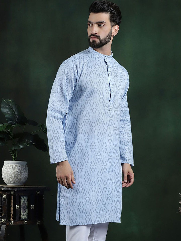 Anouk Blue Geometric Printed Mandarin Collar Long Sleeves Pure Cotton Kurta