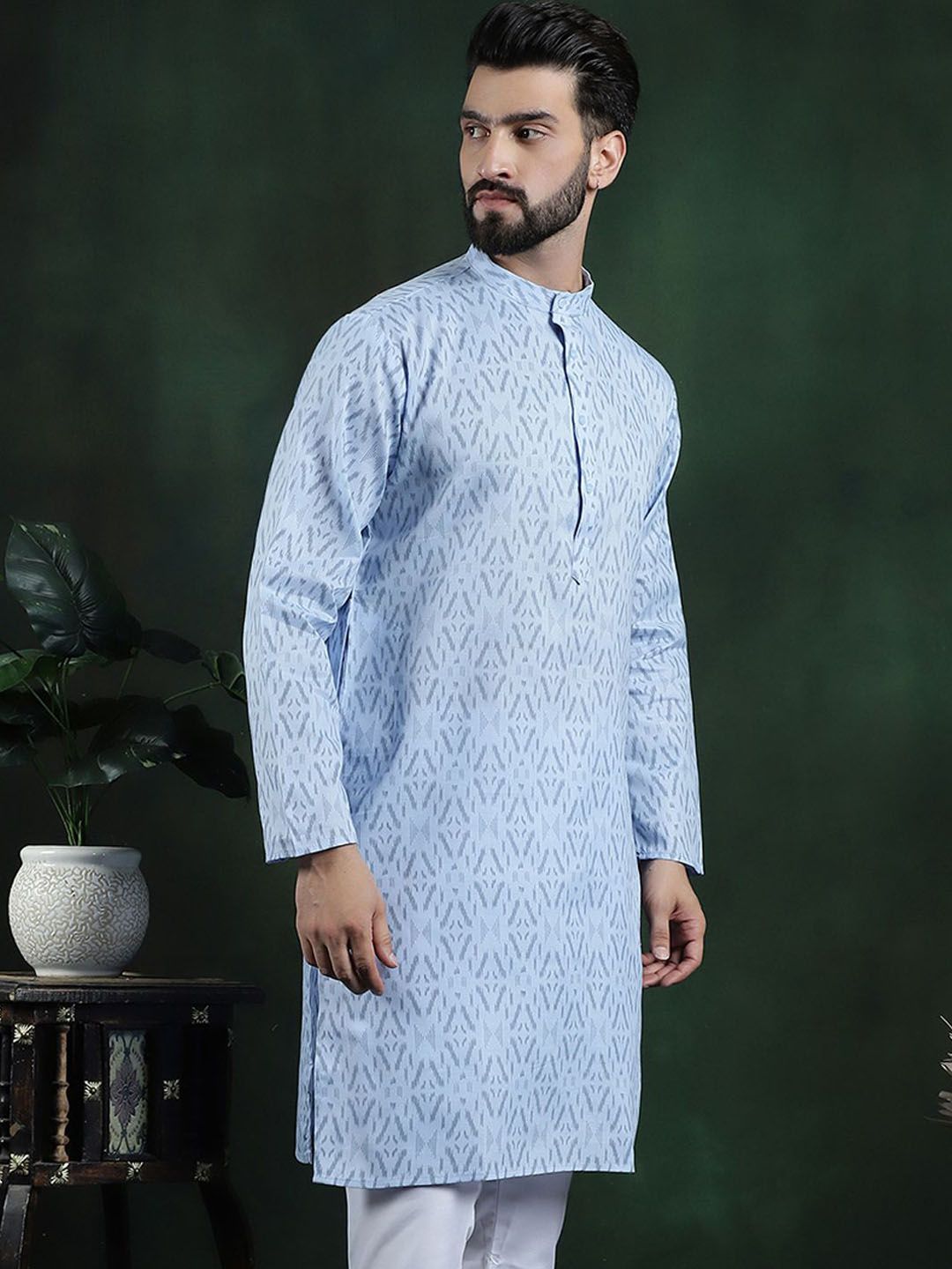 Anouk Blue Geometric Printed Mandarin Collar Long Sleeves Pure Cotton Kurta