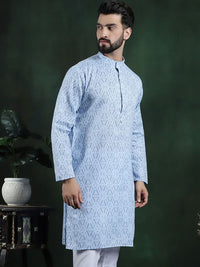 Anouk Blue Geometric Printed Mandarin Collar Long Sleeves Pure Cotton Kurta