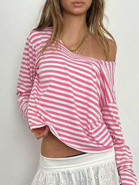 DressBerry Women Striped One Shoulder Long Sleeves Top