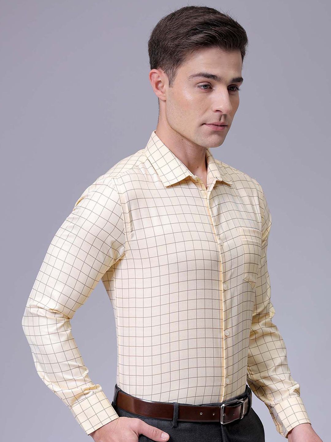 The Indian Garage Co. X Luxe Men Slim Fit Cutaway Collar Grid Tattersall Checked Formal Shirt