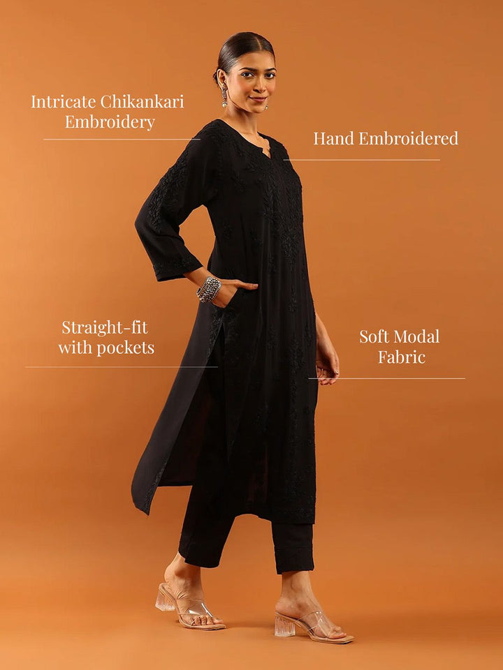 House of Chikankari Women Black Modal Chikankari Embroidered Kurta