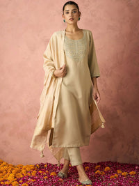 KALINI Ethnic Motifs Yoke Design Straight Thread Work Kurta with Trousers & Dupatta