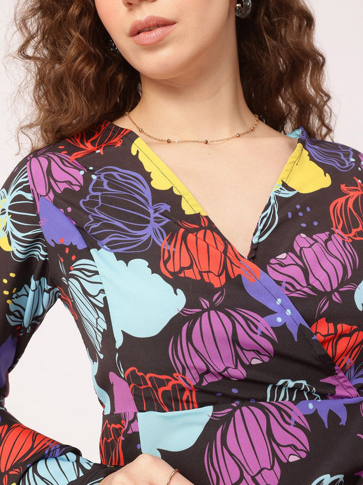 DressBerry Funky Florals Printed Bell Sleeve Mini A-line Dress