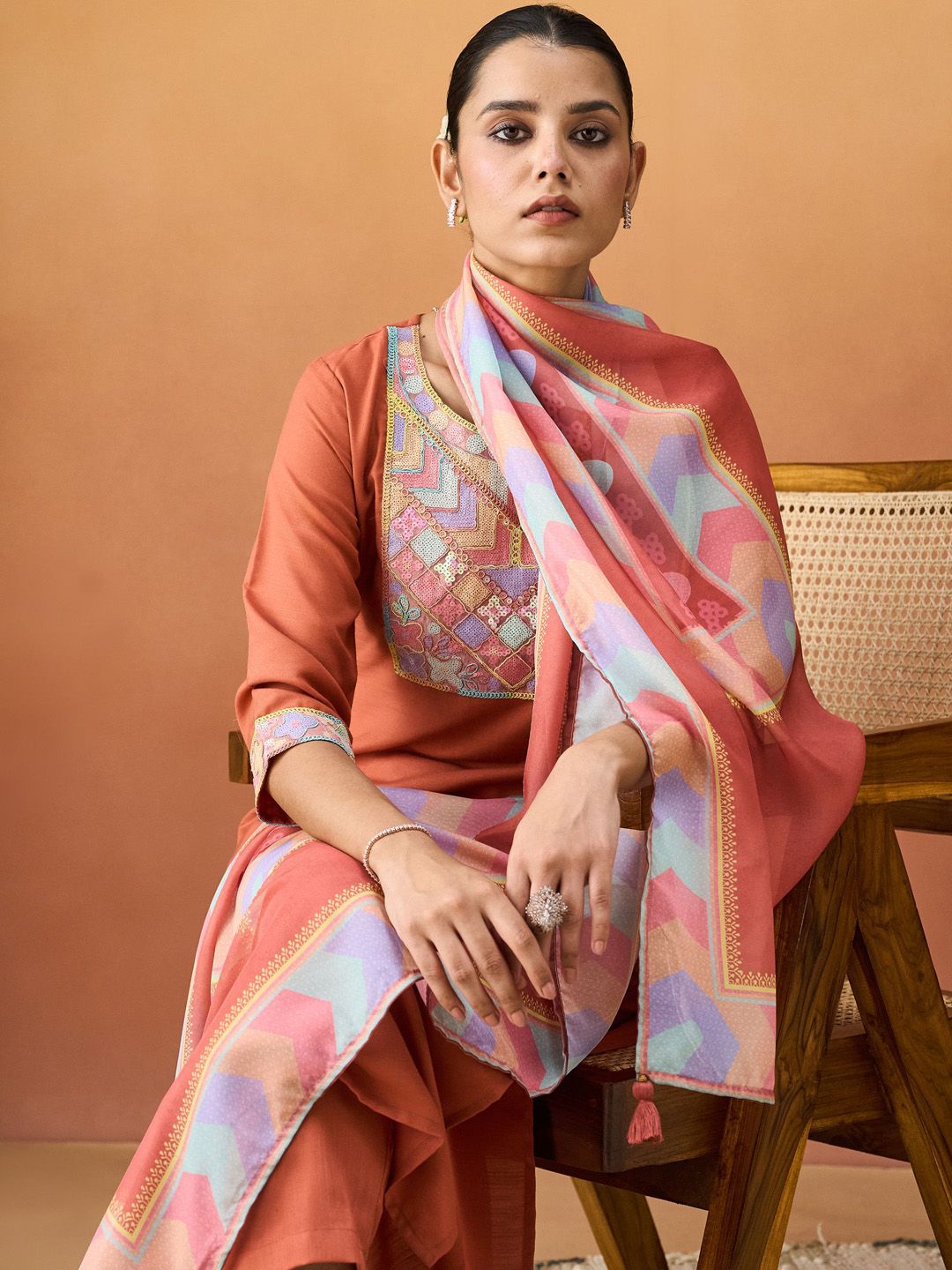 KALINI Women Ethnic Motifs Embroidered Regular Sequinned Kurta with Trousers & With Dupatta