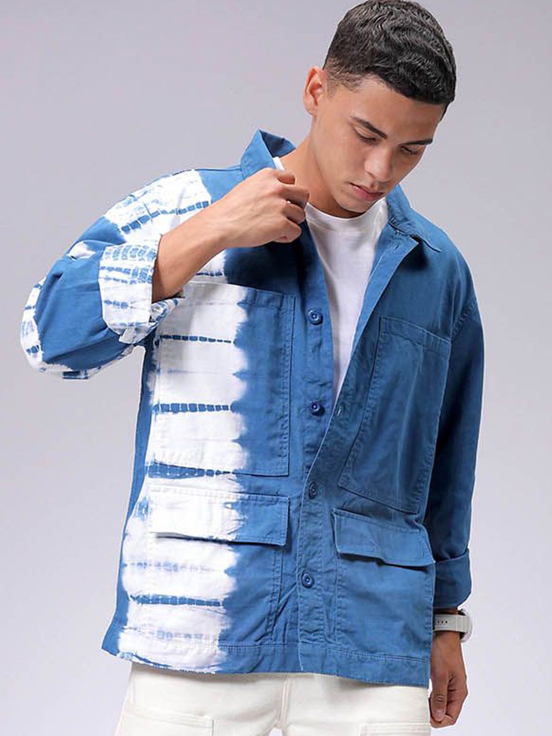 The Indian Garage Co Men Tie and Dye Denim Jacket with Patchwork