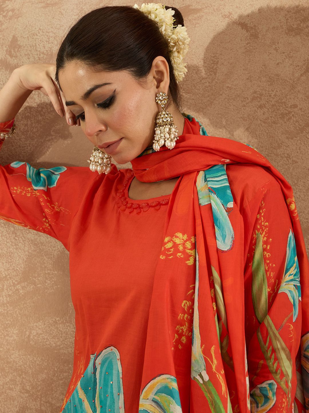 Indo Era Women Floral Printed Regular Pure Cotton Kurta with Trousers & Dupatta