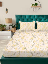 KLOTTHE Yellow Floral 300 TC Cotton Blend King Bedsheet With 2 Pillow Covers