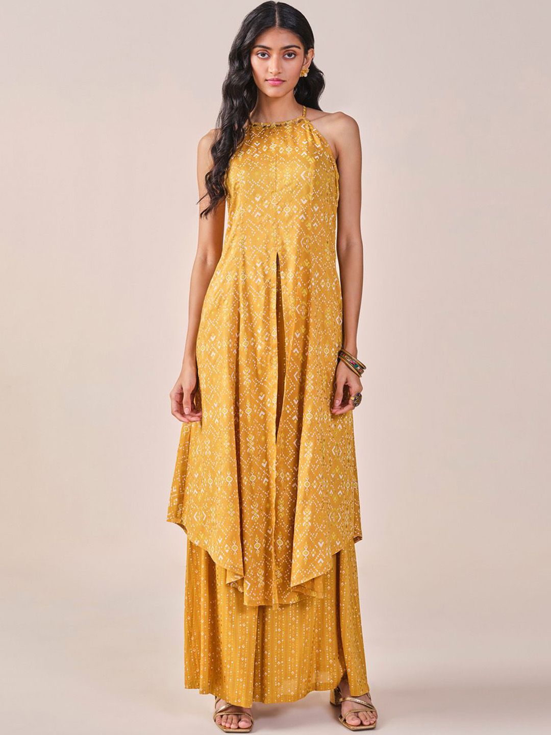 Global Desi Floral Printed Halter Neck Kurta with Palazzos