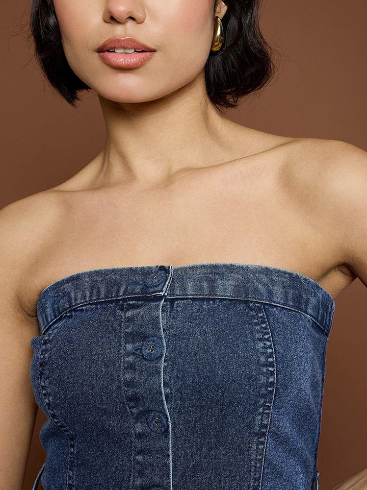Sassafras Wanita Denim Denim Bandeau Midi Dress