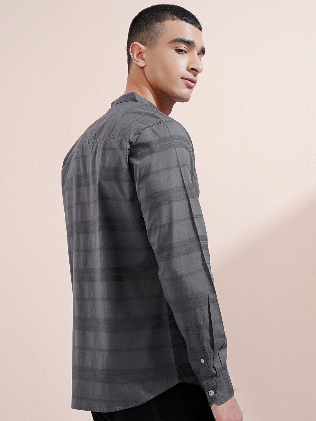 Highlander Men Charcoal Dobby Textured Striped Mandarin Collar Casual Shirt