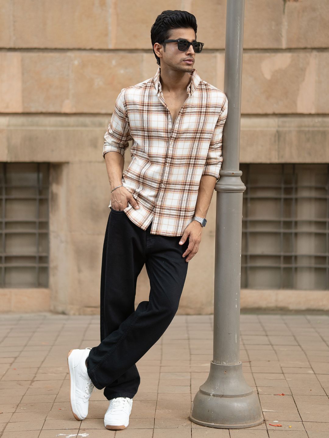 Powerlook Men Tartan Checked Spread Collar Cotton Casual Shirt