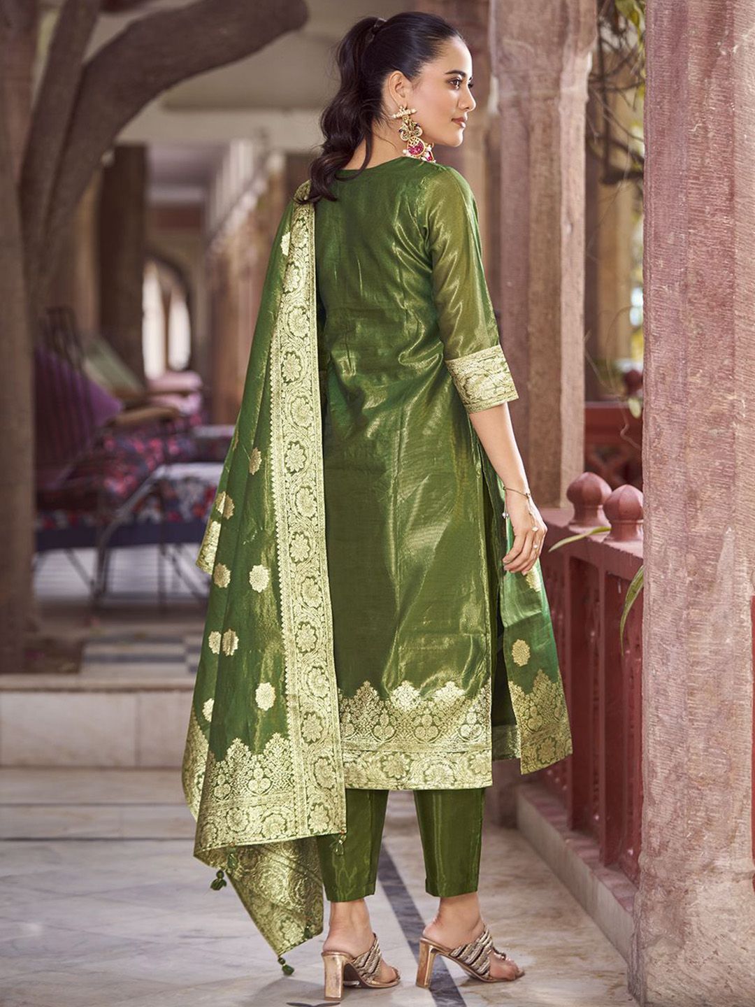 KALINI Women Woven Straight Silk Blend Kurta with Trousers & With Dupatta