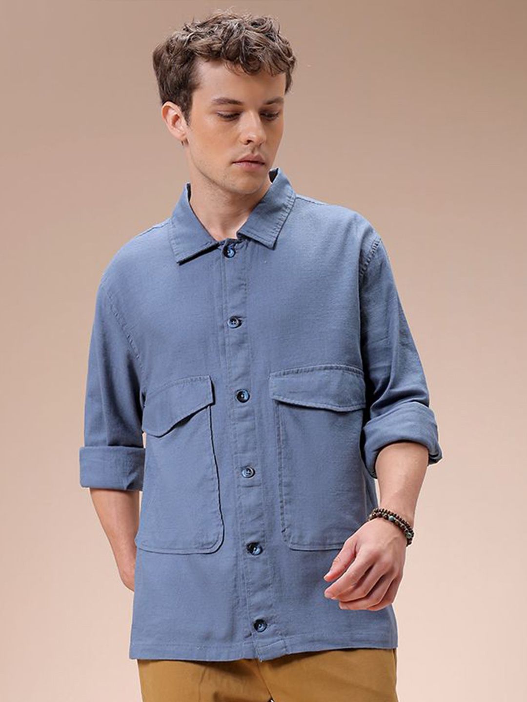 The Indian Garage Co Men Regular Fit Solid Double Flap Pocket Resortwear Overshirt