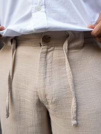 Powerlook Men Beige Pure Cotton Regular Fit Crinkled Trousers