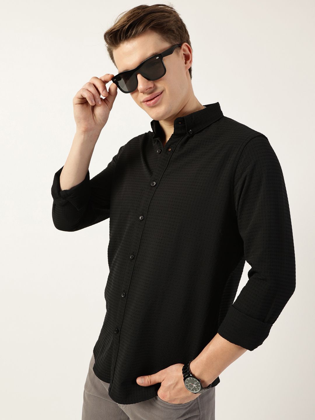 Thomas Scott Men Smart Button-Down Collar Textured Solid Slim Fit Casual Shirt