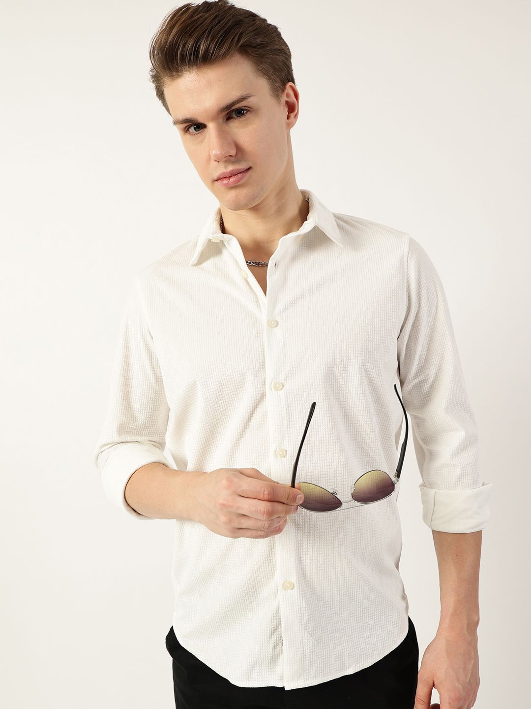 Thomas Scott Men Classic Spread Collar Textured Solid Slim Fit Casual Shirt