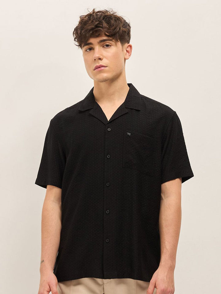 THE BEAR HOUSE Men Cuban Collar Solid Nylon Casual Shirt
