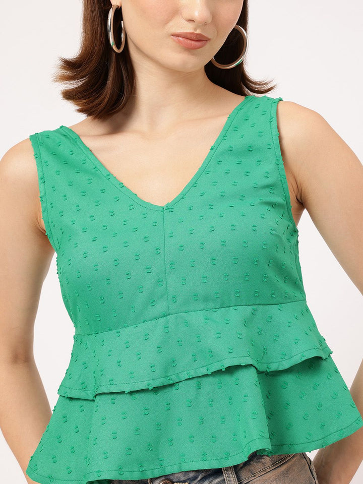 DressBerry Fusion Flair Dobby Detail V-Neck Ruffles Sleeveless Top