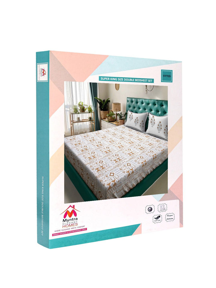Myntra Elegant Homes White Geometric Fitted 400TC Cotton Super King Bedsheet Set 2.70 m x 2.70 m