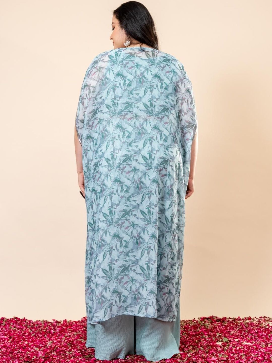 Mamicha Shabnam Printed Round Neck Crop Top With Cape & Palazzos Co-Ords Set