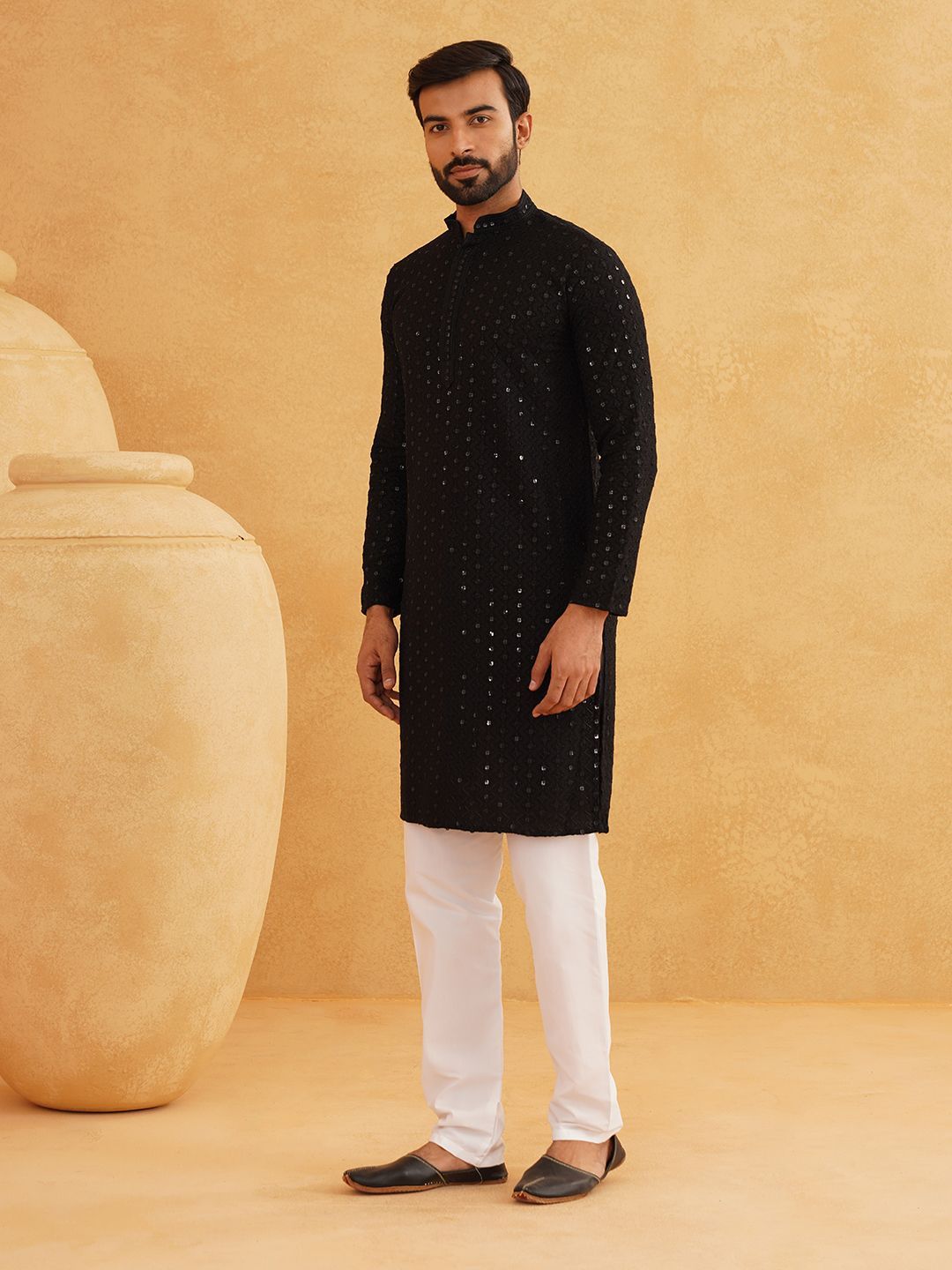 SOJANYA Woven Design Embroidered Sequinned Pure Cotton Kurta with Pyjama