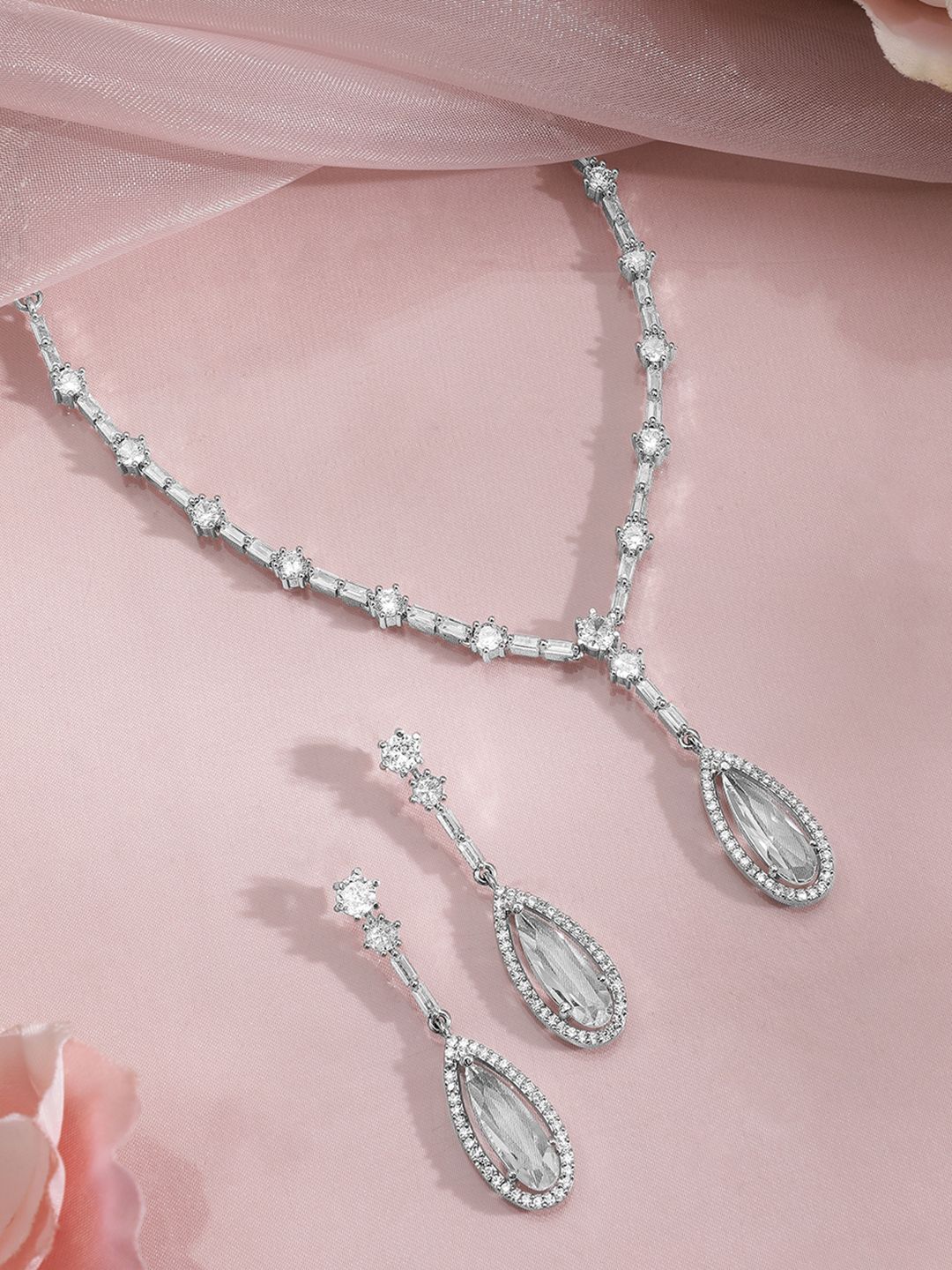 Rubans Rhodium Plated AD & Cubic Zirconia Studded Teardrop Statement Jewellery Set