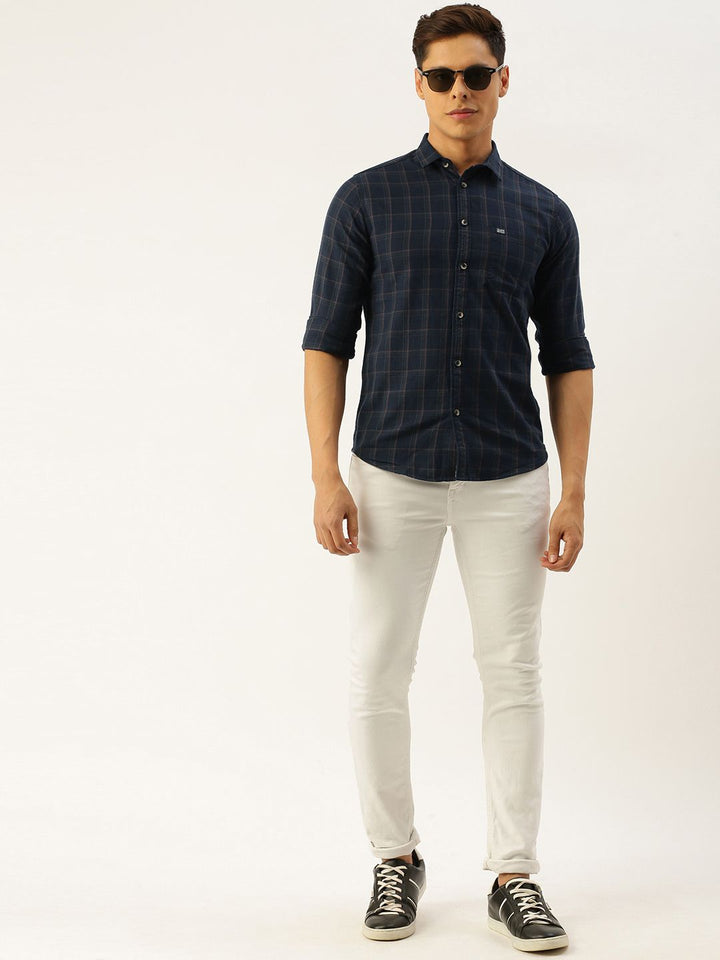 The Indian Garage Co Men Navy Blue & Brown Slim Fit Checked Casual Shirt
