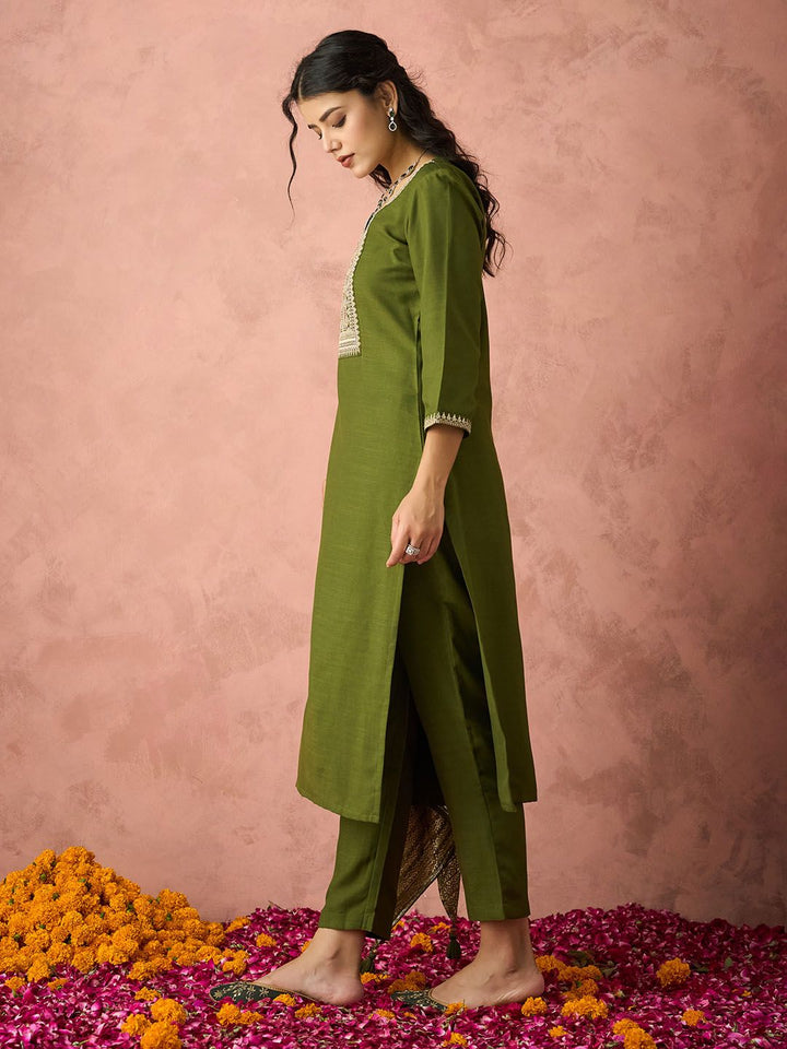 KALINI Ethnic Motifs Embroidered Straight Kurta With Trousers & Dupatta