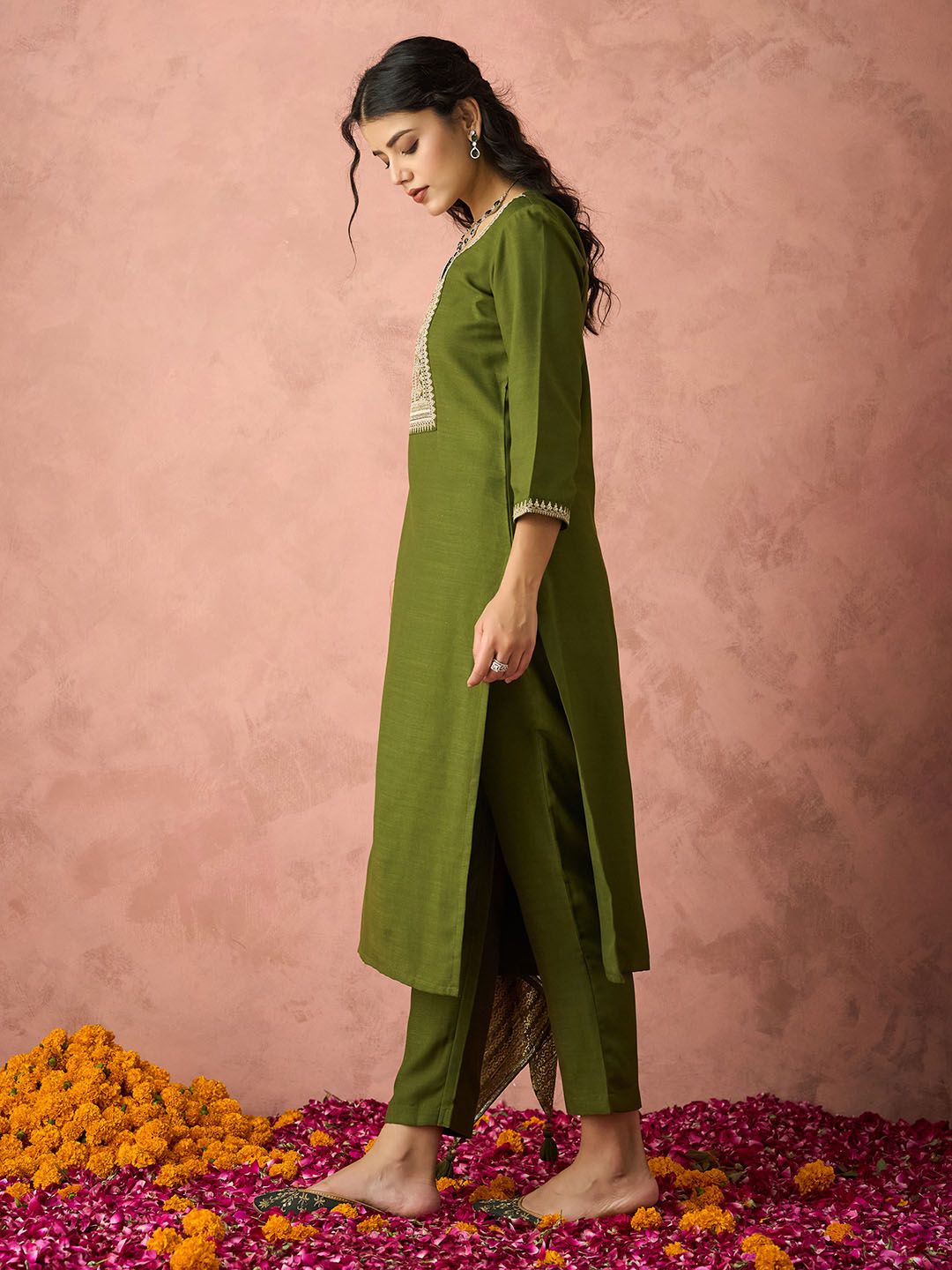 KALINI Ethnic Motifs Embroidered Straight Kurta With Trousers & Dupatta