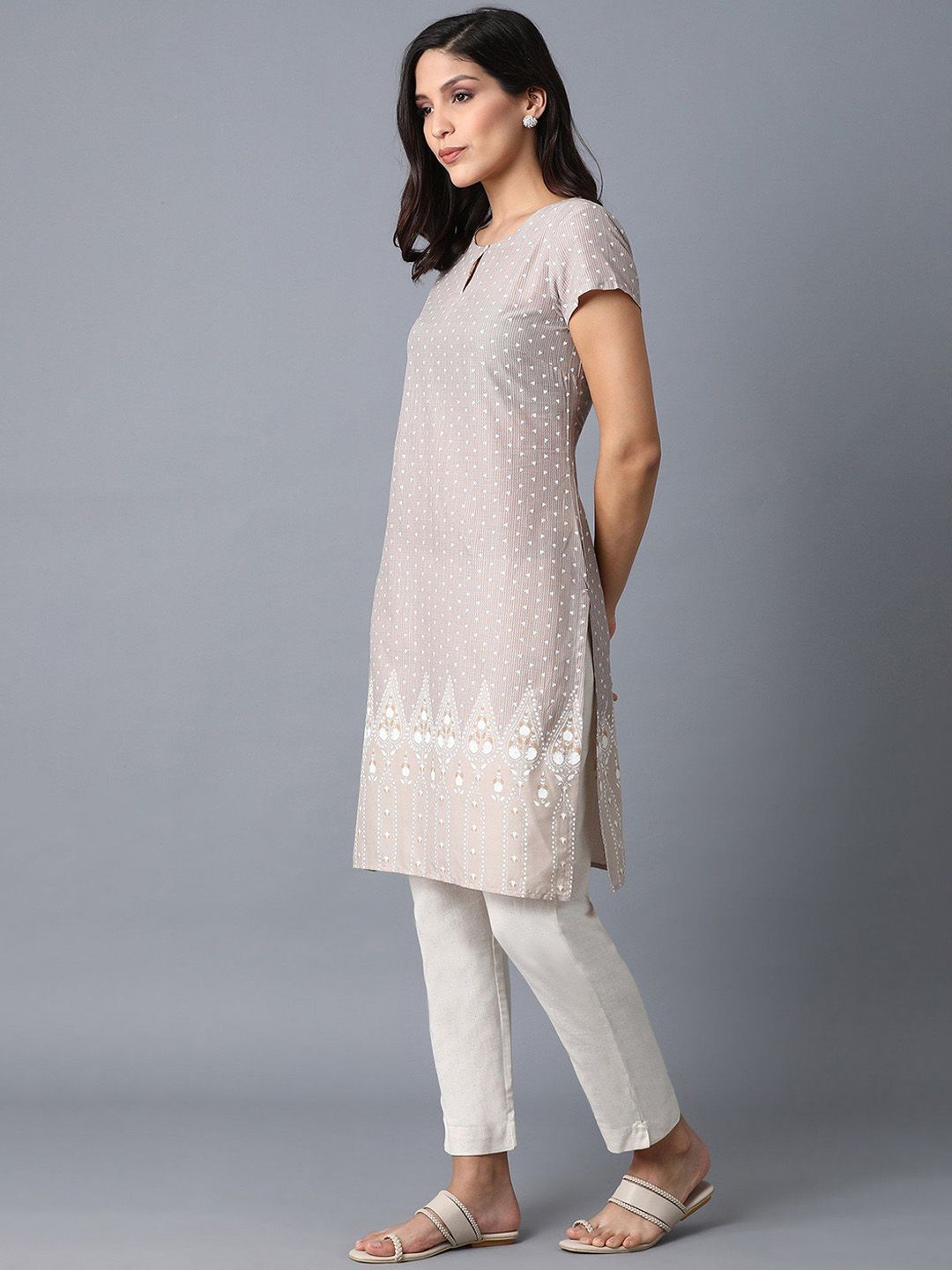 W Women Geometric Printed Keyhole Neck Cotton Straight Kurta