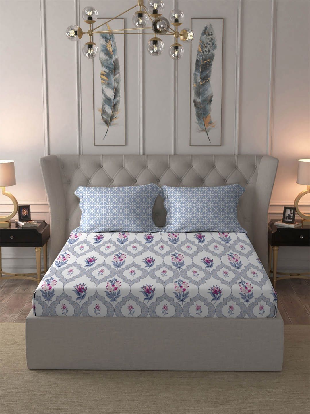 MYTRIDENT Blue Dusk & Dawn Flat 144TC Queen Cotton 1 Bedsheet with 2 Pillow Covers