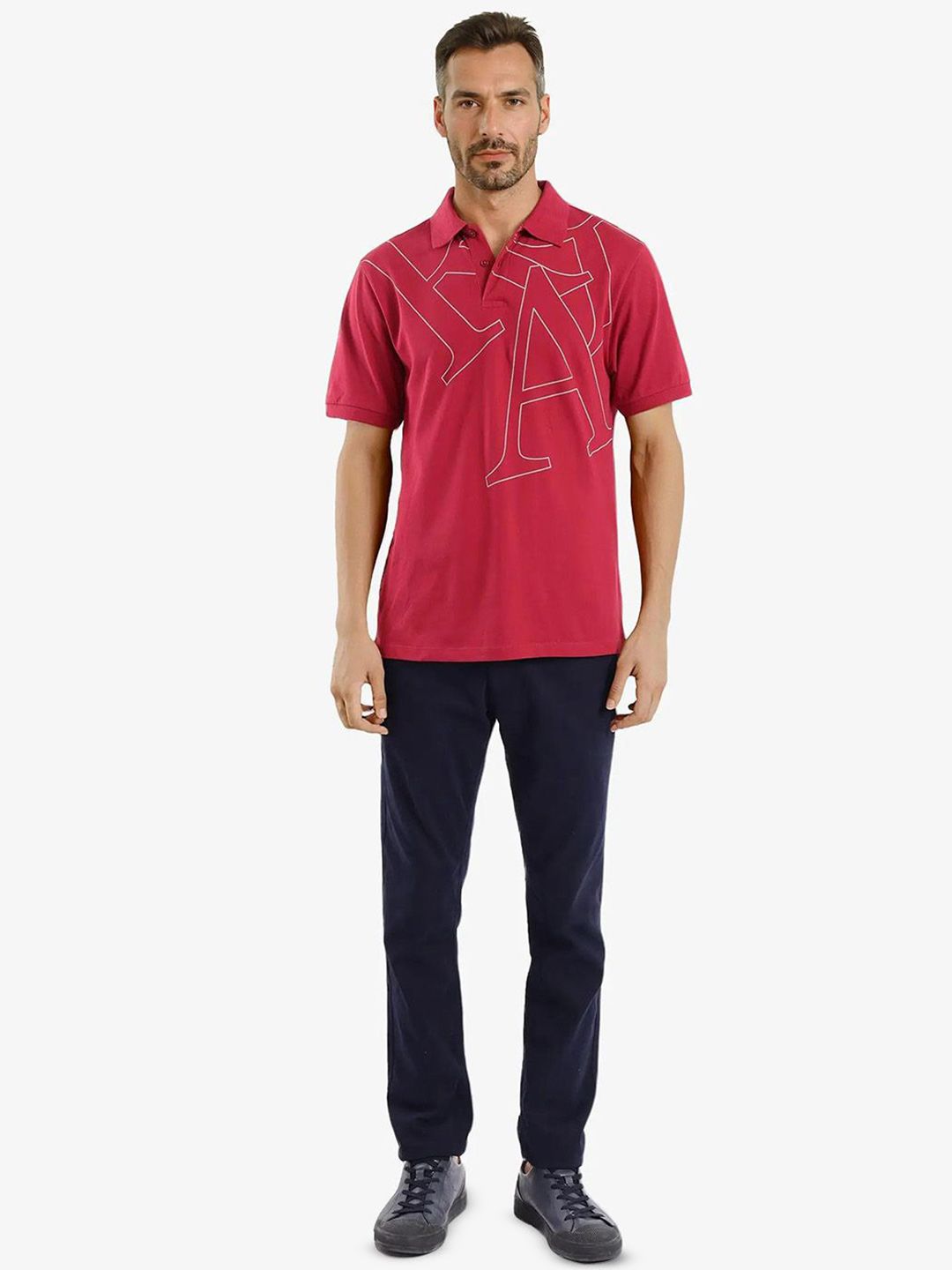 RARE RABBIT Men Typography Printed Polo Collar Cotton T-shirt