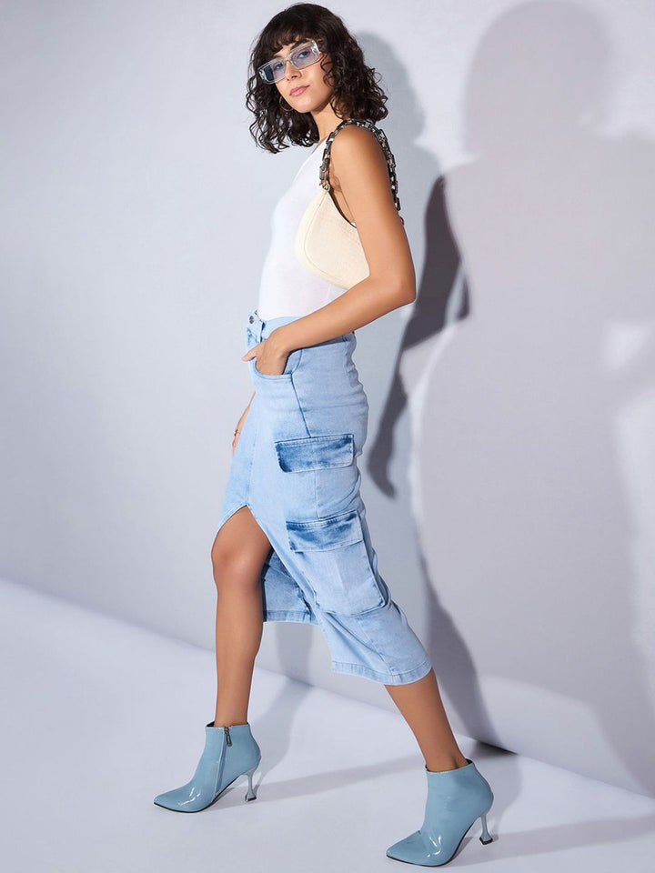 SASSAFRAS Denim High Rise Box Pocket Pencil Midi Skirts
