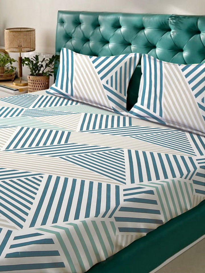 Myntra Elegant Homes Green Geometric 300 TC Fitted Double King Bedsheet Set-2.5mX2.25m