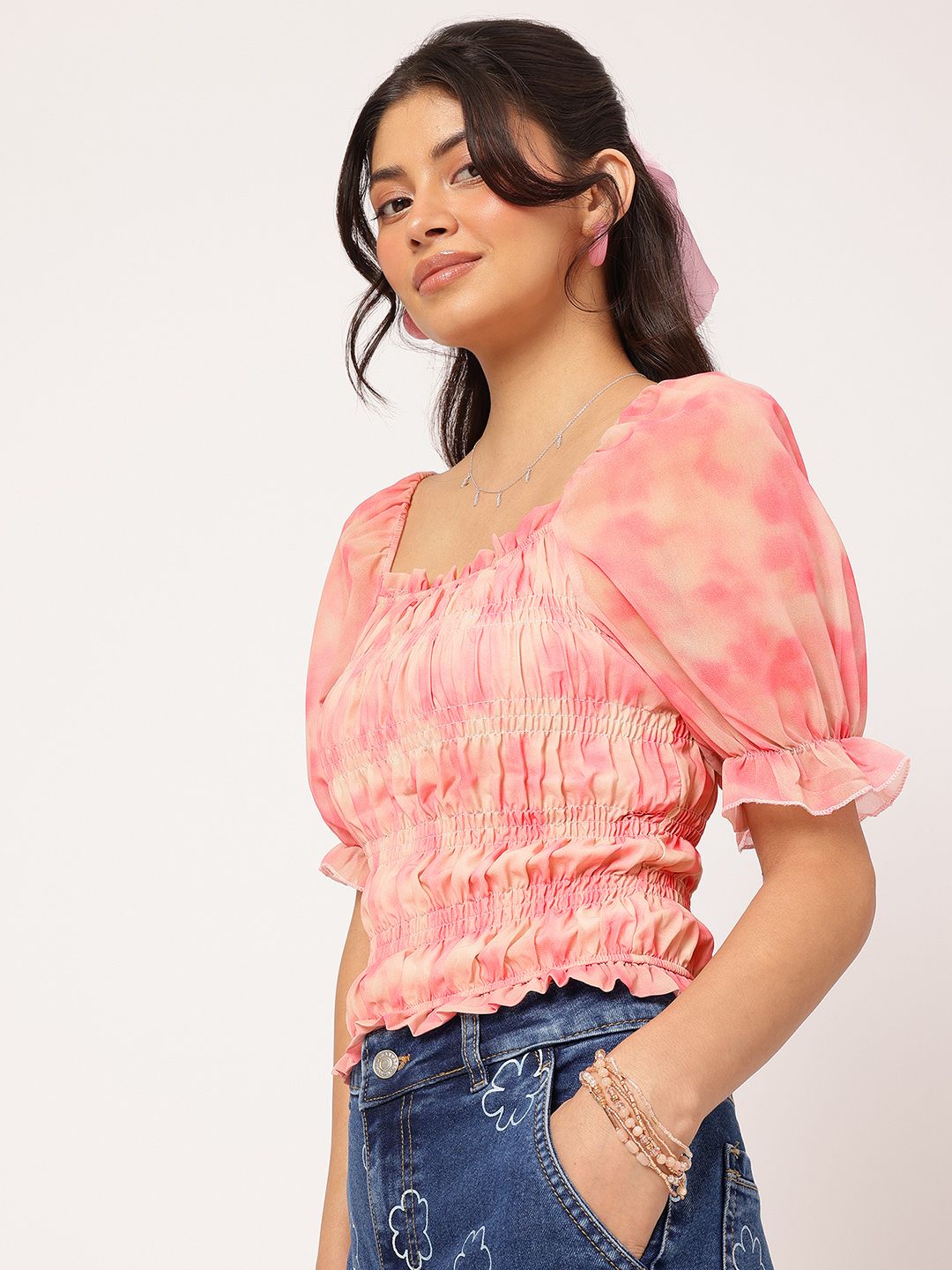 DressBerry Puffy Power Smocked Fitted Top
