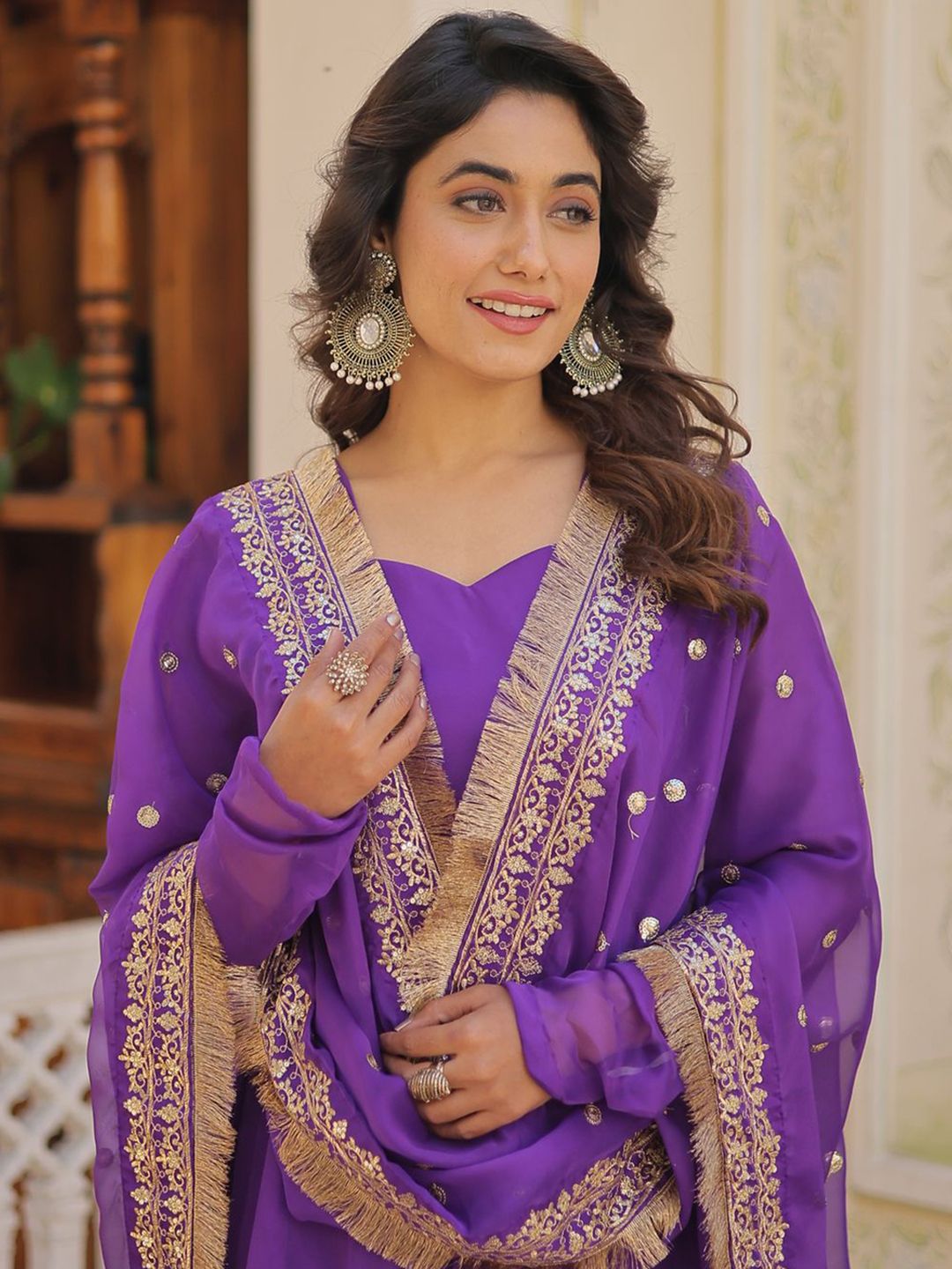 KALINI Sweetheart Neck Georgette Anarkali Kurta With Dupatta