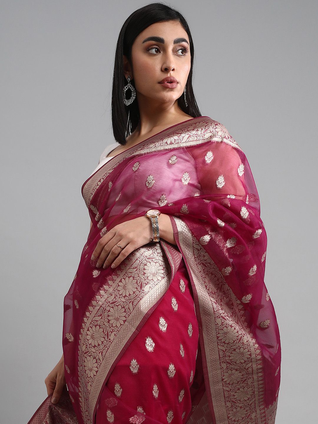 Saree mall Ethnic Motifs Zari Organza Banarasi Sarees