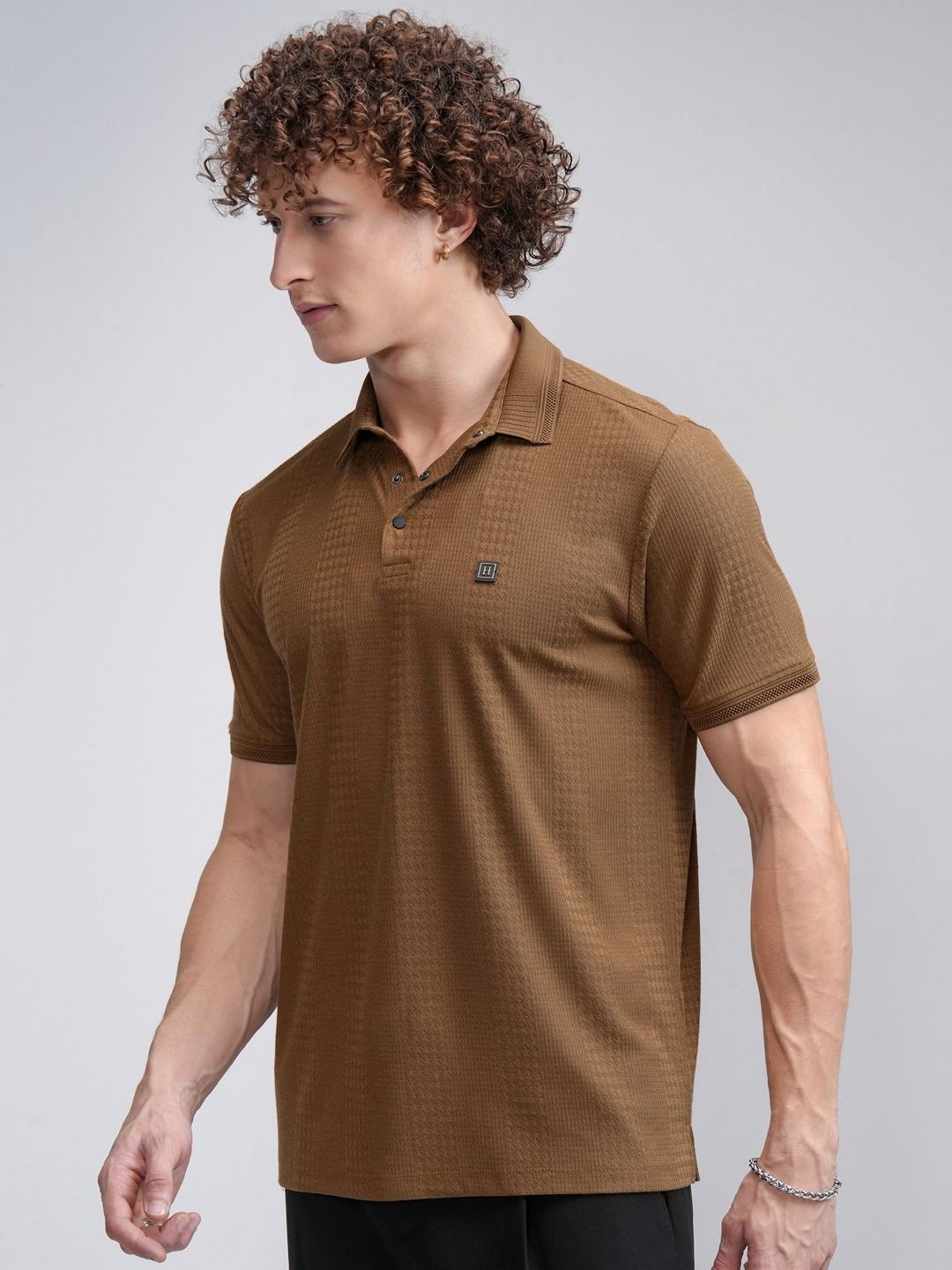 HIGHLANDER Men Self Design Regular Fit Polo T-shirt