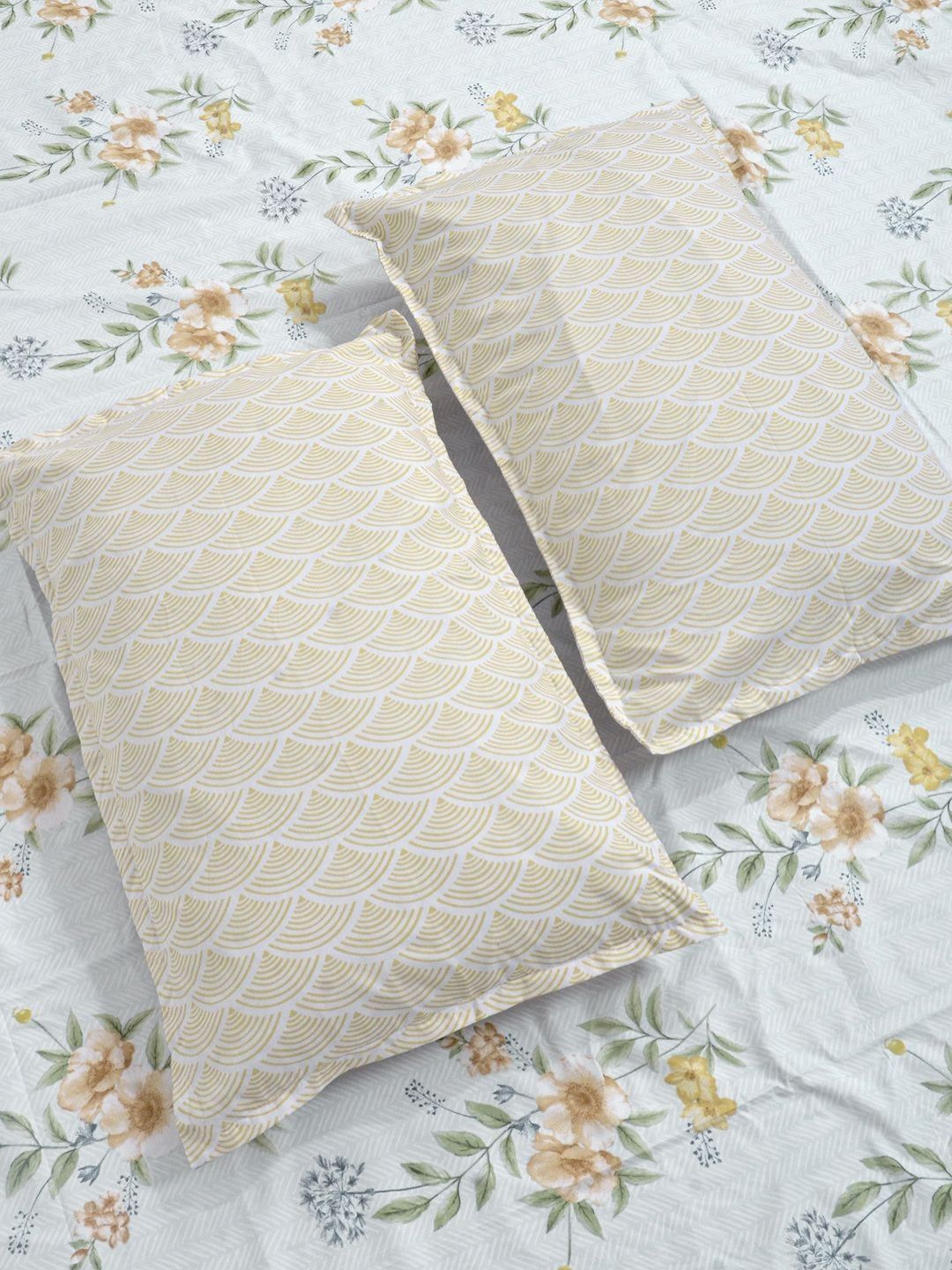 Aura Blue & Brown Floral 300 TC Fitted Double King Bedsheet Set-2.5 m X 2.25 m