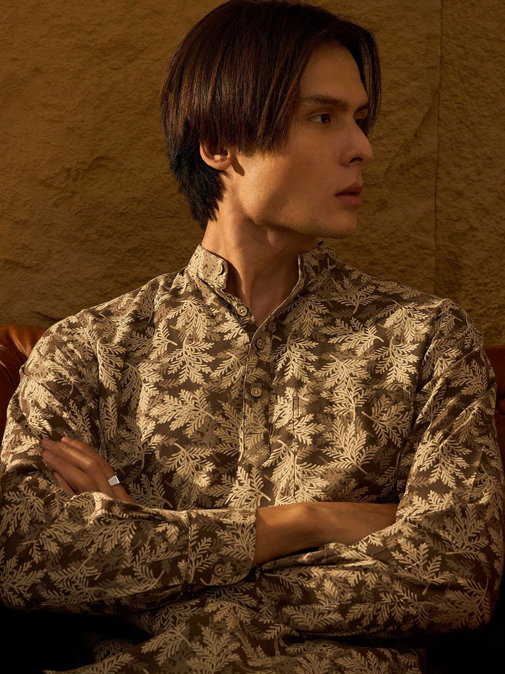 DENNISON Floral Block Printed Mandarin Collar Cotton Short Kurta