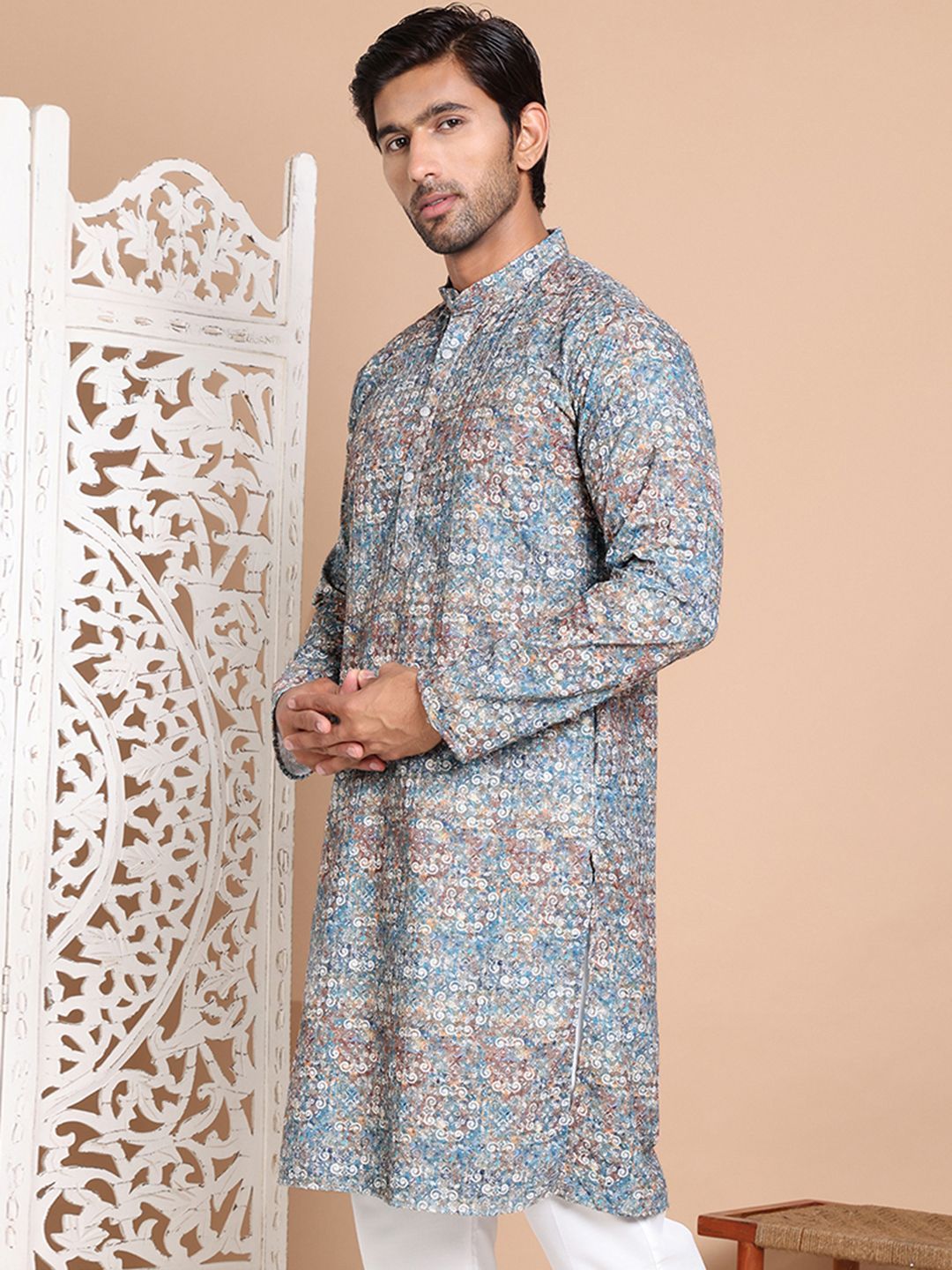 Jompers Men Floral Printed Chikankari Floral Kurta