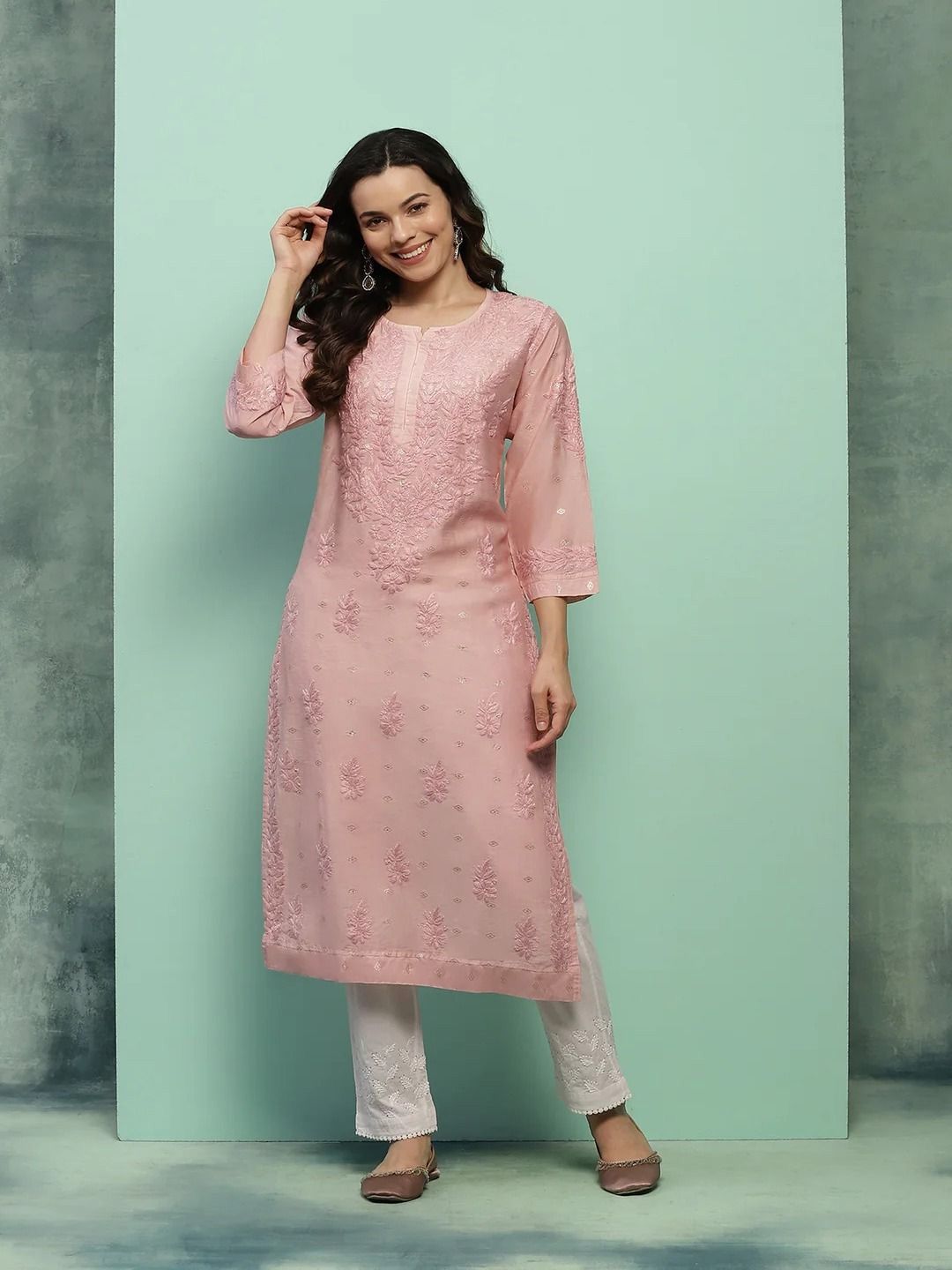 House of Chikankari Women Dust Pink Chanderi Chikankari Embroidered Kurta