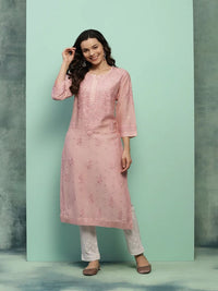 House of Chikankari Women Dust Pink Chanderi Chikankari Embroidered Kurta