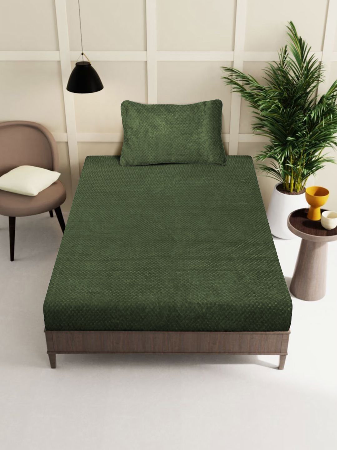 KLOTTHE Green Abstract 300TC Woolen Single Fitted Bedsheet & 1 Pillow Cover