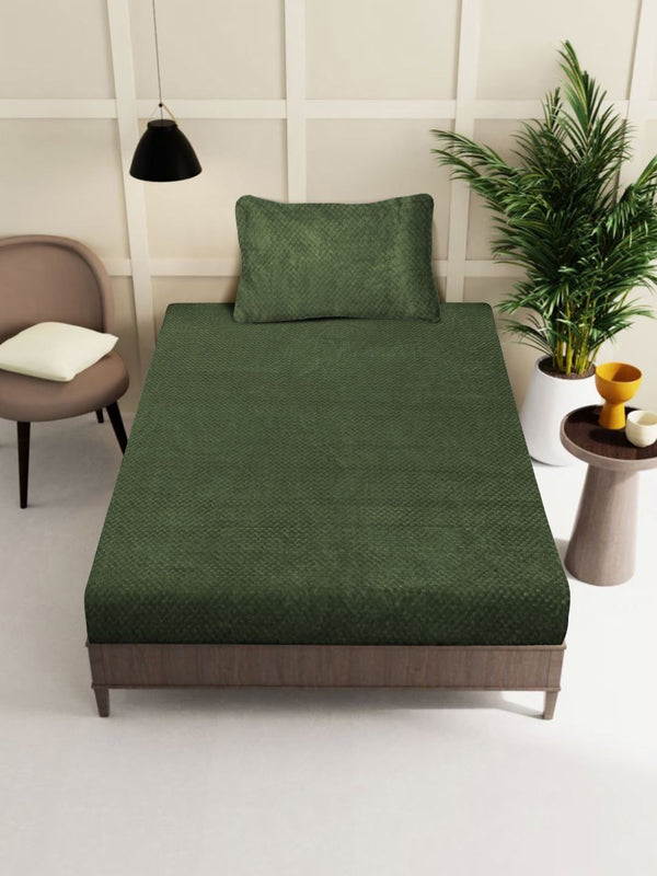 KLOTTHE Green Abstract 300TC Woolen Single Fitted Bedsheet & 1 Pillow Cover